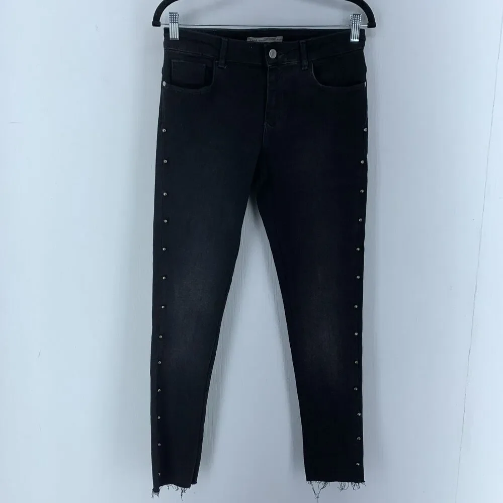 Zara Denim Womens 6 Jeans‎ Studded Moto Biker Whimsy Goth Stretch Fringe Black